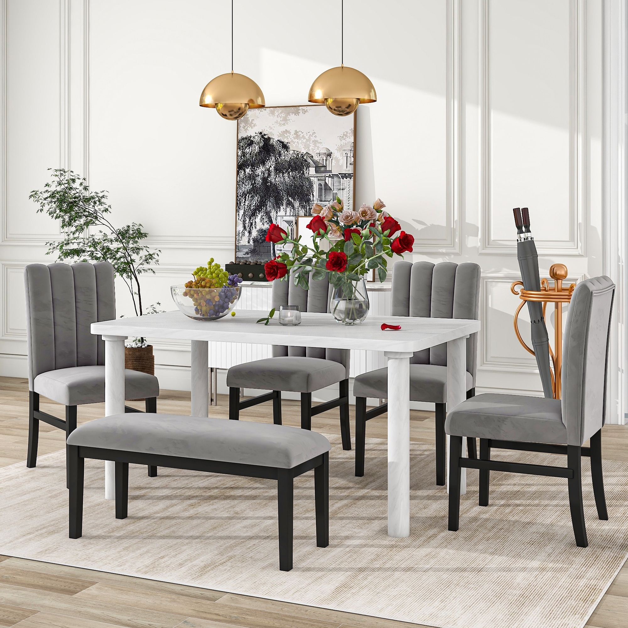 Upholstered dining shop bench and chairs