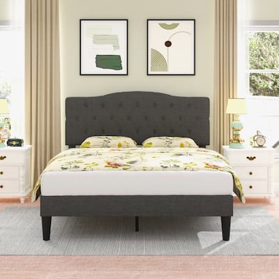VECELO Modern Upholstered Bed with Height Adjustable Tufted Headboard ,Dark Grey