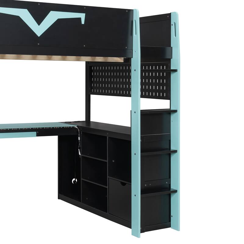 Full Size Gaming Loft Bed with Desk & RGB LED Lights, Pro-Gamer Setup with Pegboard, Keyboard Tray & Storage