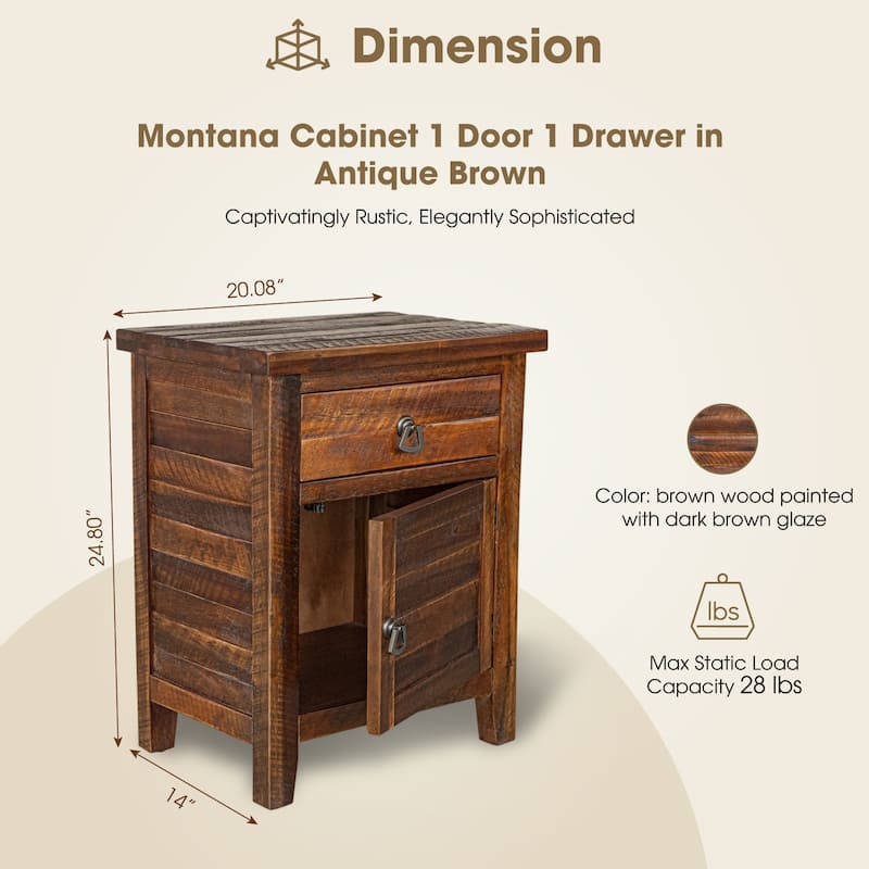 Montana Acacia Wood Bedside Cabinet Rustic Farmhouse End Table Storage