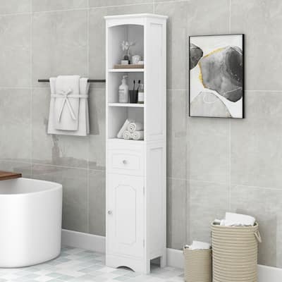 Bathroom Storage Cabinet with Drawer, Open Shelves and Adjustable Shelf, Tall Cabinet with Curved Line Top and Bottom Pane