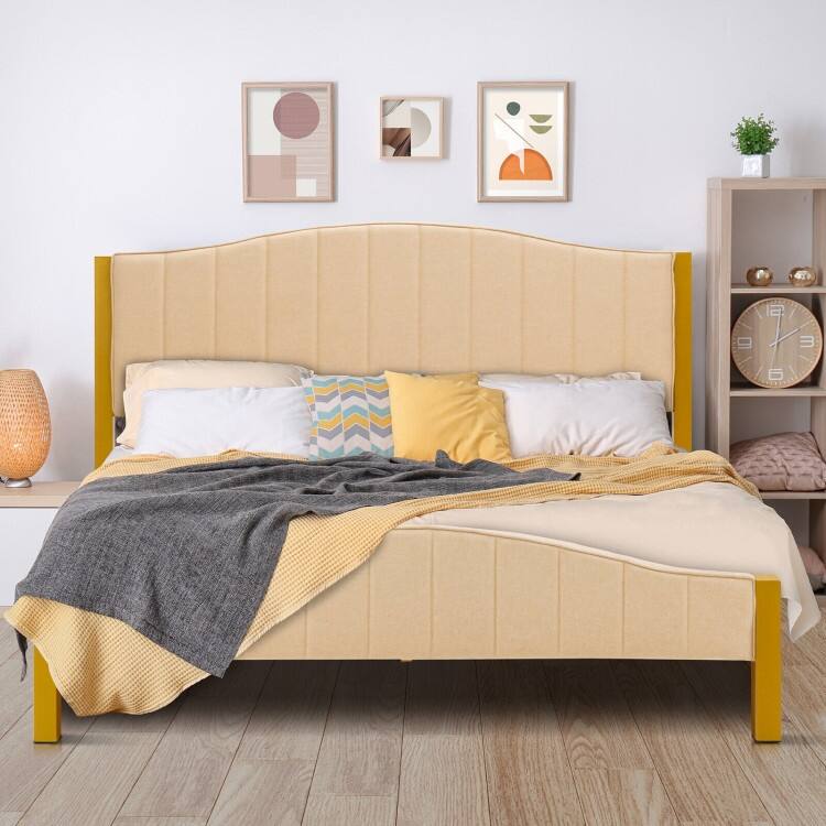 Full/Queen Size Upholstered Bed Frame with Quilted Headboard - Beige-Gold