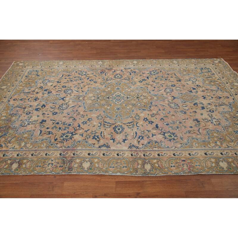 Hand Knotted Oriental 100% Wool Carpet Traditional Floral Pink Mashad Area Rug - 9' 1'' X 5' 7''
