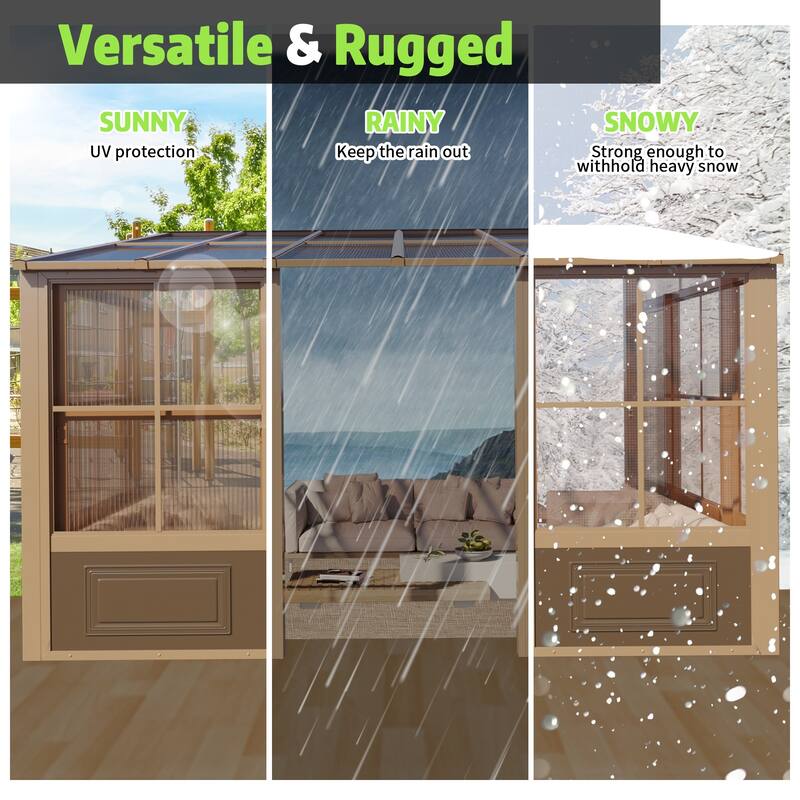 Erommy Outdoor Solarium Sunroom, Patio Hardtop Gazebo, Aluminum Frame Permanent Gazebo with Sliding Doors and Screens