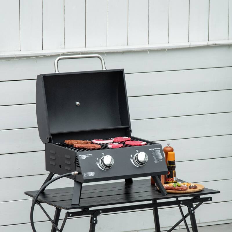 Outsunny 2 Burner Propane Gas Grill Outdoor Portable Tabletop BBQ with Foldable Legs for Camping, Picnic, Backyard