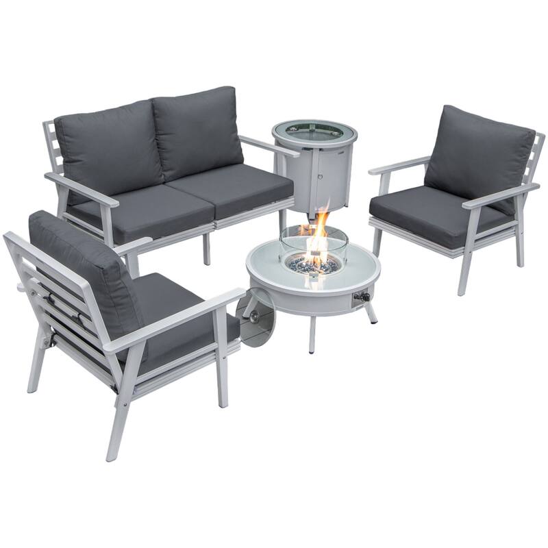 Walbrooke Modern 5-Piece Outdoor Aluminum Conversation Set of 3 Polyester Chairs, Fire Pit Table with Lid and Tank Holder - Charcoal