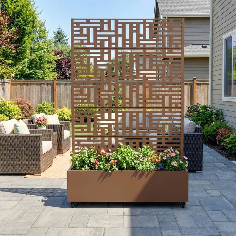 Metal Movable Planter Box with Trellis Privacy Screen Lockable Wheels