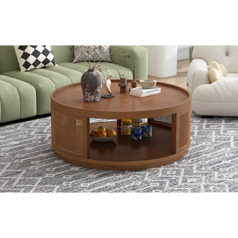 36.8" Wooden Mid-Century Modern Coffee Table with Storage, Round Cane Coffee Table with PE Rattan Side for Living Room