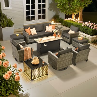 OVIOS 10 Pieces Outdoor Swivel Chair Set with Solar-Powered Table & 54" Fire Table