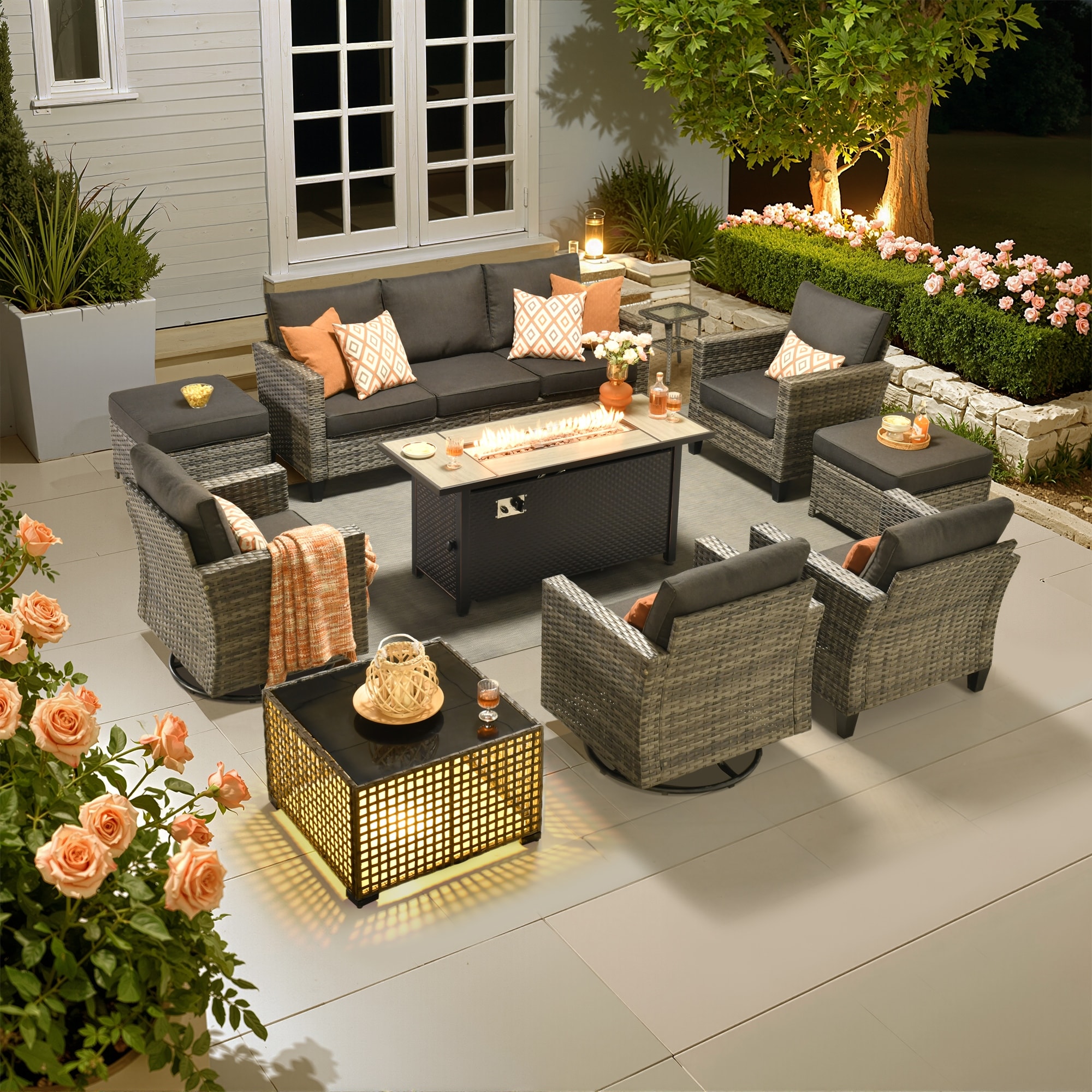OVIOS 10 Pieces Outdoor Swivel Chair Set with Solar-Powered Table & 54" Fire Table