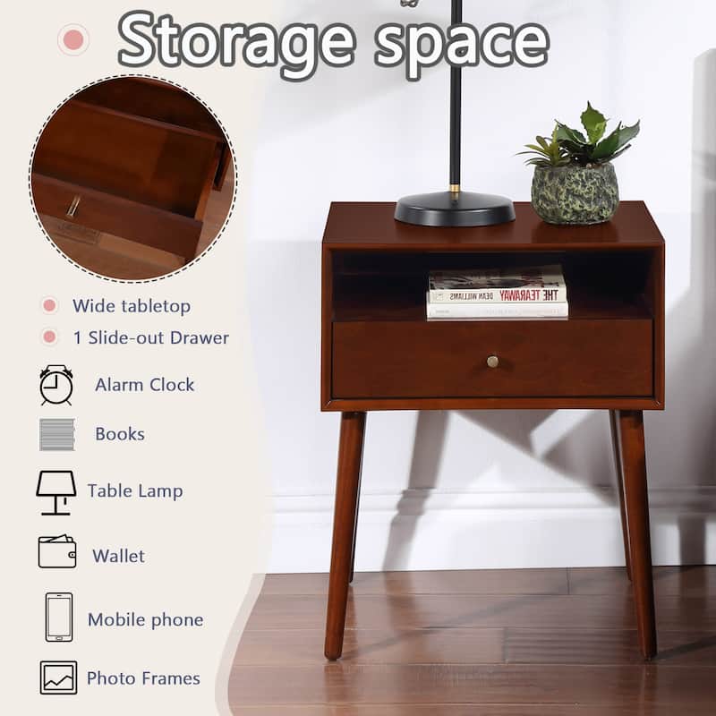 Night Stand with Drawer,Modern Nightstand,Bedside Tables,Mid Century Nightstands with Open Storage Shelf