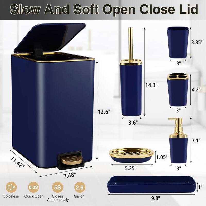 8-piece bathroom set with stainless steel trash can, toilet brush, toothbrush set, soap dispenser