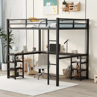 Black Full Size Metal Loft Bed with Desk and Shelves, Ladder and Guardrails for Bedroom