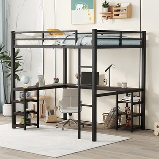 Full Size Metal Loft Bed with Desk and Shelves