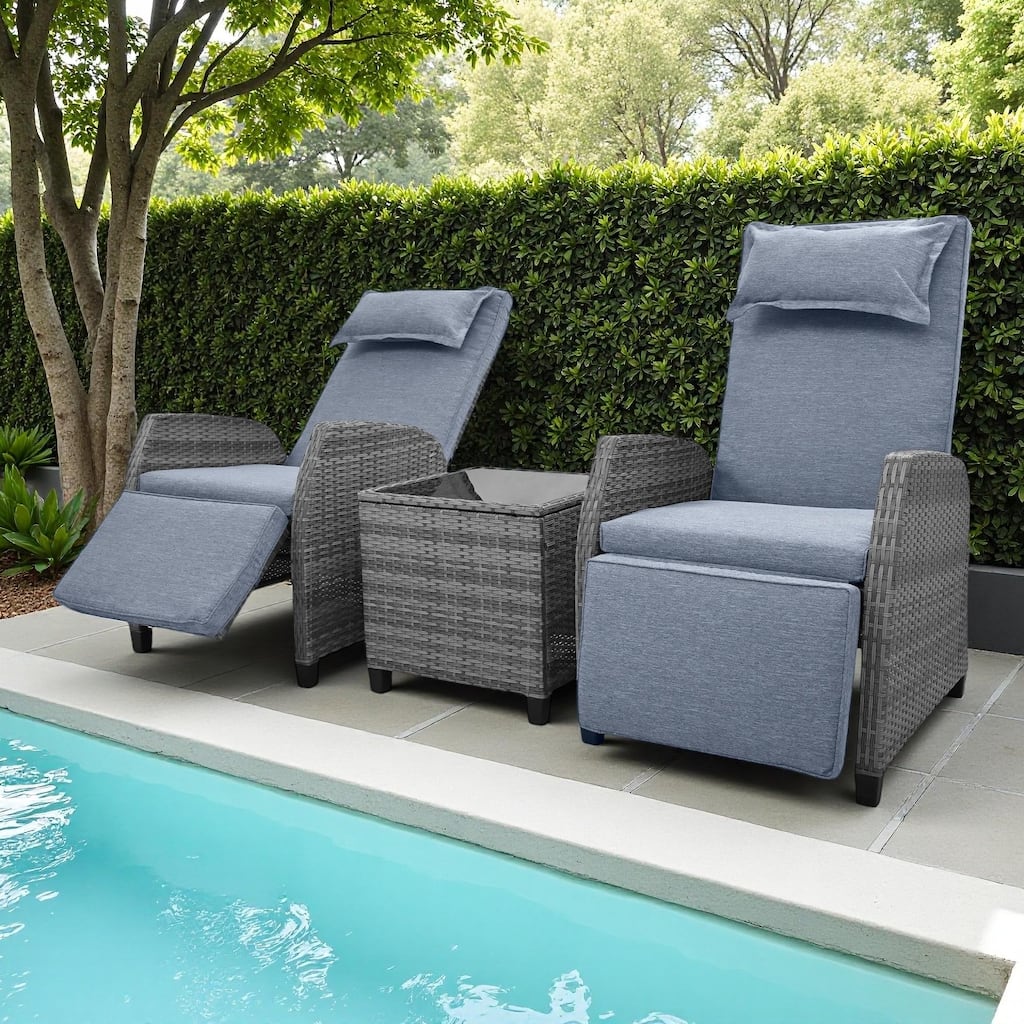 3-Piece Outdoor Patio Wicker Recliner Chair Set with Tempered Glass Table