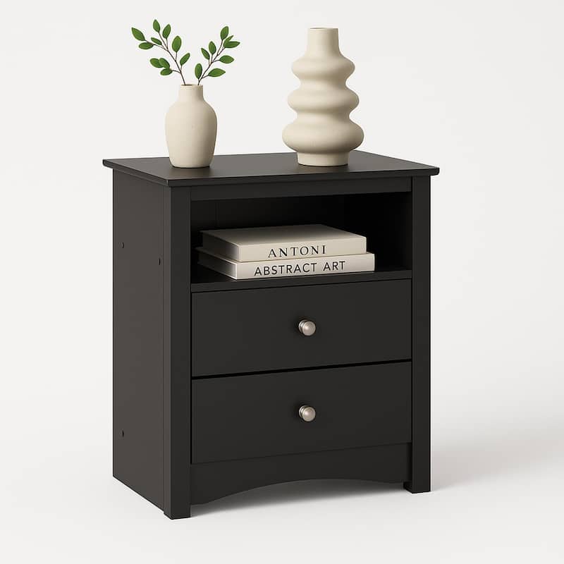 Broadway Black 2-drawer and Open Cubby Nightstand - Black - 2-drawer