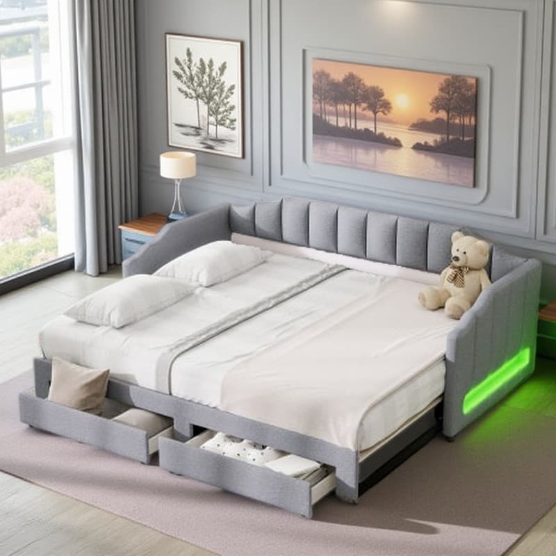 Twin XL Upholstered Expandable Daybed with LED Lighting & 2 Storage Drawers, Linen Sofa Bed Converts to King Size