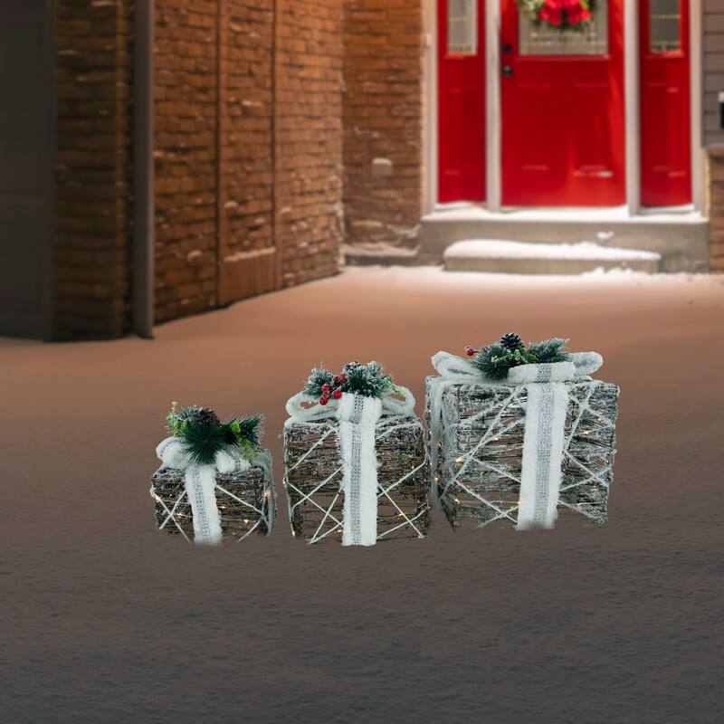 Set of 3 LED Lighted Gift Boxes with Pine and Berries Christmas Decorations 9.75"