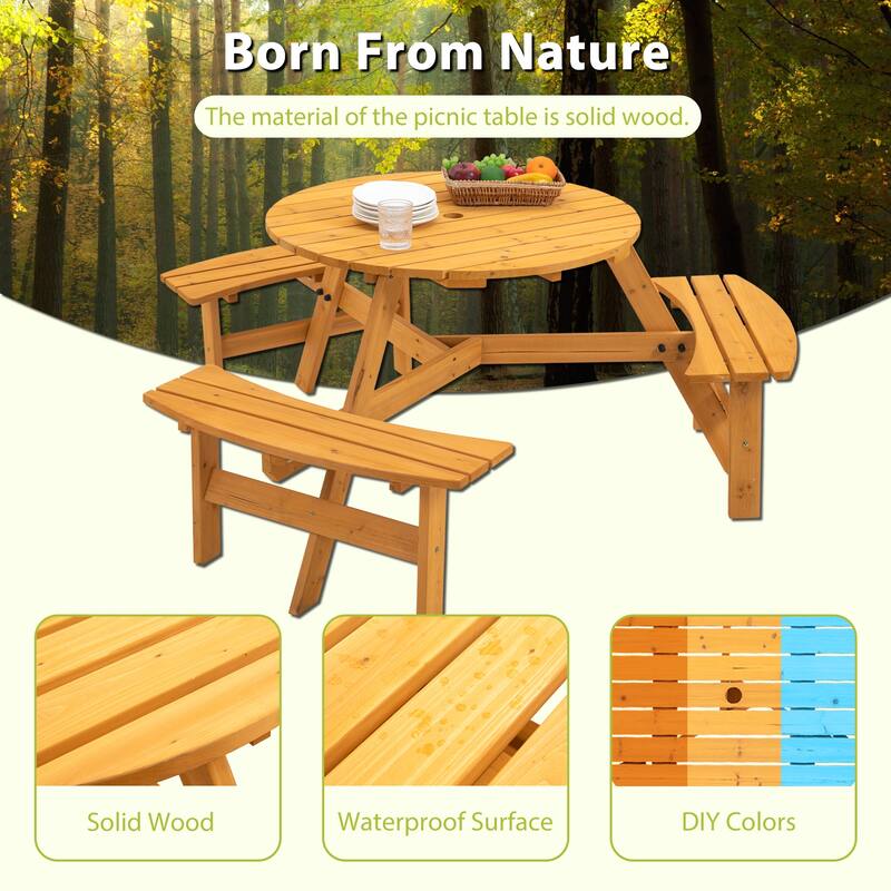 6 Seater Round Dining Table Set with 3 Built-in Benches, Outdoor Courtyard Wooden Picnic Table for Patio, Lawns, Garden