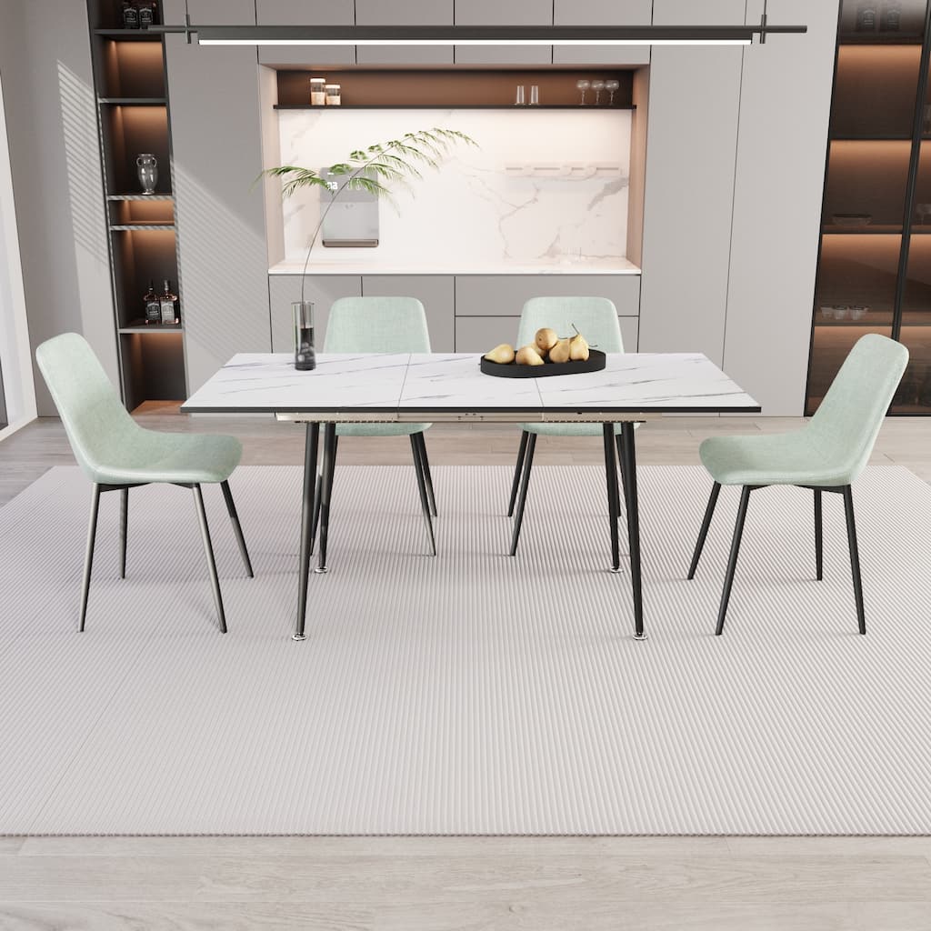 5-Piece Modern Dining Table Set with Expandable Tabletop and Metal Legs Comfortable Linen Chairs
