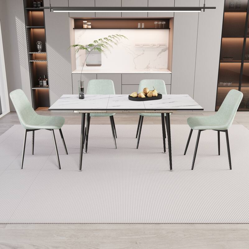 Modern Extendable Table Set Dining Table & Chairs Set with Metal Legs, Linen Side Chairs Accent Chairs