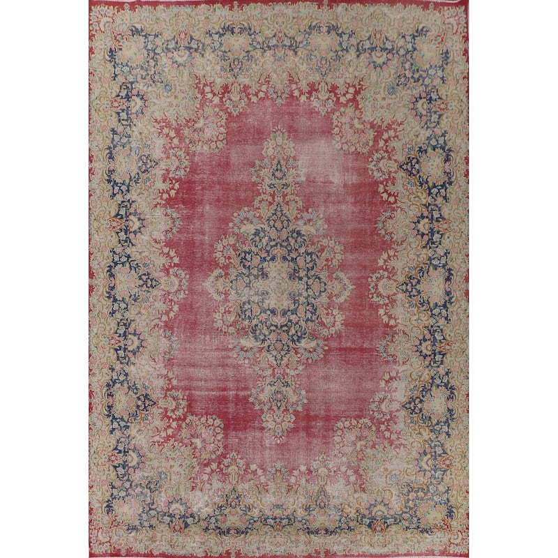 Distressed Pink Kerman Persian Antique Area Rug Handmade Wool Carpet - 9'9" x 13'3"