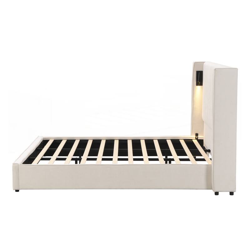 Upholstered Bed Frame with High Wingback Headboard