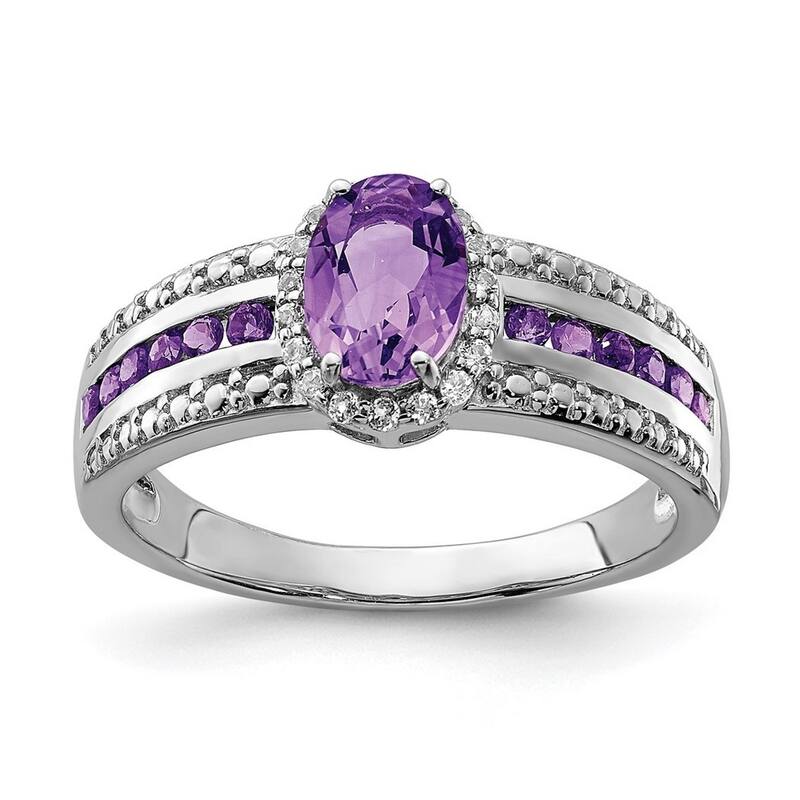 Curata 925 Sterling Silver Open back Polished Amethyst and White Topaz Ring