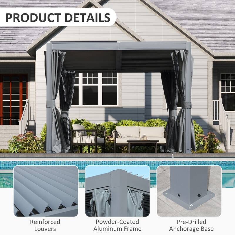 Domi Louvered Pergola 10' x 10', Aluminum Outdoor Pergola with Adjustable Louvers, Full Aluminum Frame, Built-in Gutter System