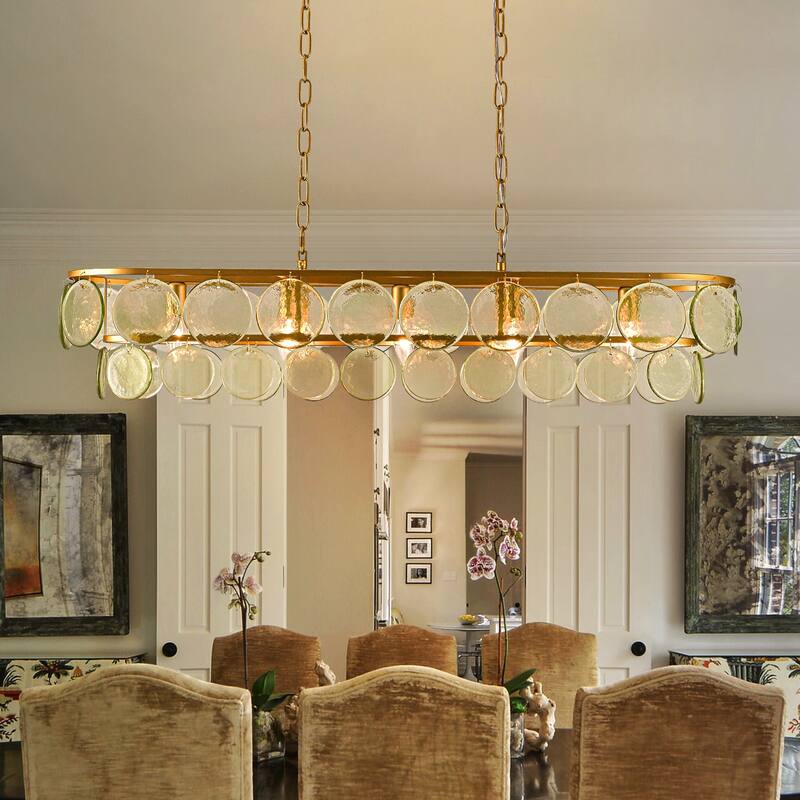 39.76" Modern Dimmable Linear Large Glass Chandelier with Circular Textured Green Glass Shade - W39.8" - W39.8"