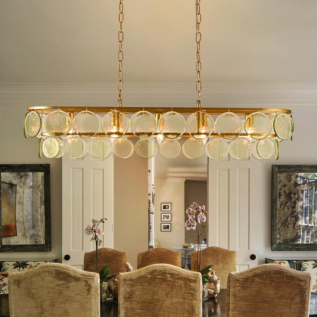 39.76" Modern Dimmable Linear Large Glass Chandelier with Circular Textured Green Glass Shade - W39.8"