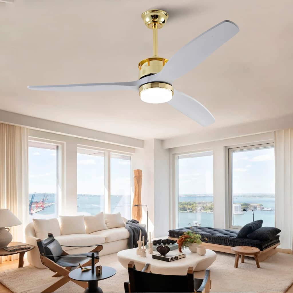 52 Inch White and Gold Ceiling Fans with Lights and Remote, 3 Solid Wood Blades, 6 Speeds, Quiet DC Motor - Gold+White