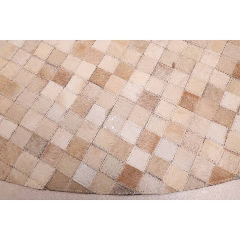 ECARPETGALLERY Handmade Cowhide Patchwork Beige, Tan Leather Rug - 7' x 7'