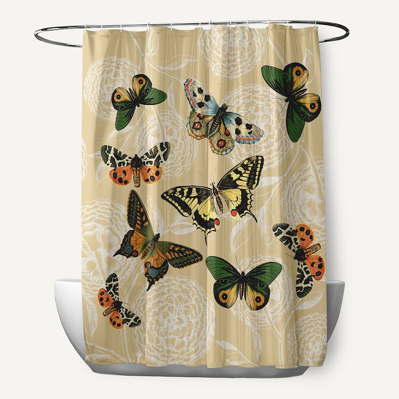 71 x 74-inch Antique Butterflies and Flowers Animal Print Print Print Shower Curtain - Yellow