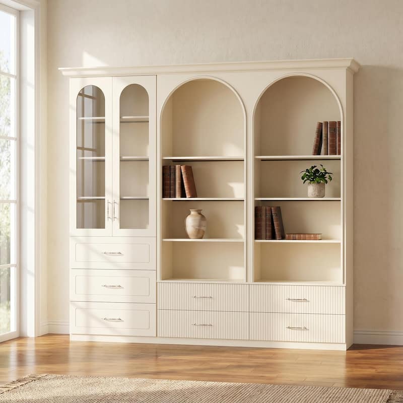 Modular Bookcase with LED Lights, Glass Door Storage Cabinet with Drawers, Large Display Shelving Unit Sideboard