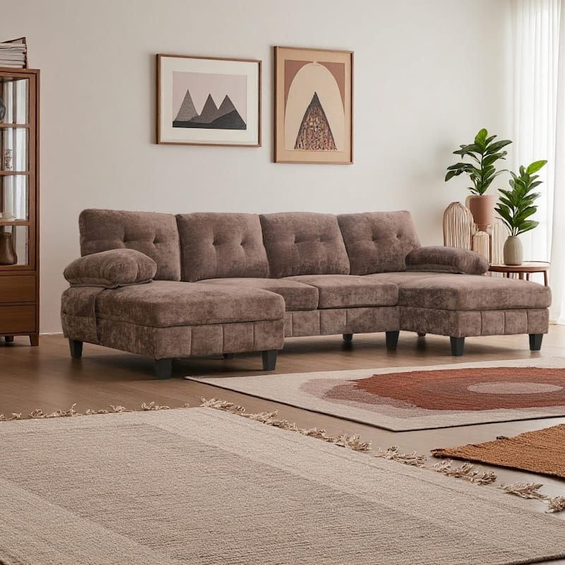 U-Shaped Chenille Sectional Sofa with Dual Chaises, Storage Pockets & Tufted Back by Harper&Bright Designs - Brown