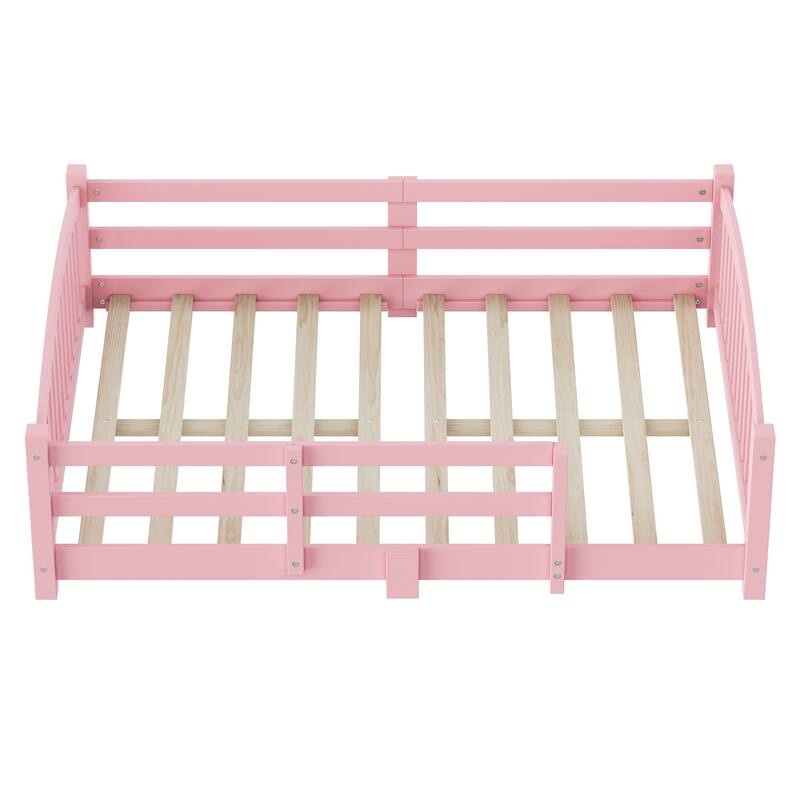 Montessori Solid Pine Floor Bed with Full-Length Safety Fence & Slatted Base by Harper&Bright Designs
