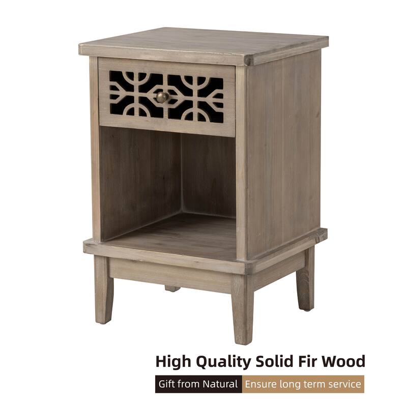 COZAYH Retro Rustic Nightstand Solid Fir End Table Side Table with Hand Carved Front and Open Shelf for Boho, Farmhouse