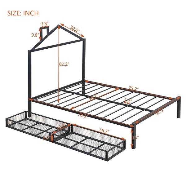 dimension image slide 1 of 3, Full Size House Shaped Metal Platform Bed with Drawers