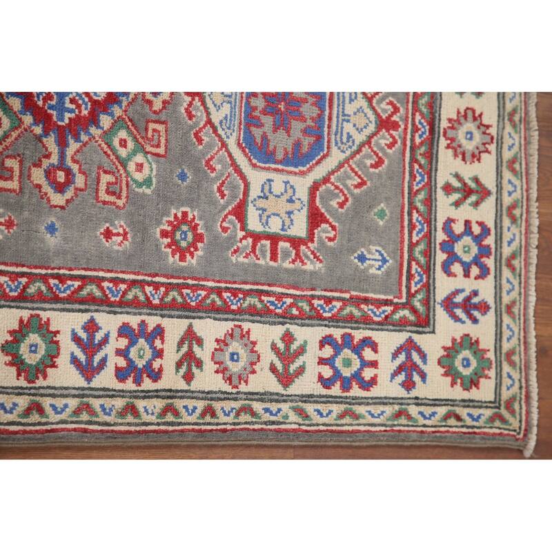 Hand Knotted Oriental 100% Wool Carpet Traditional Geometric Greys & Charcoal Kazak Runner Rug - 6' 7'' X 2' 7''