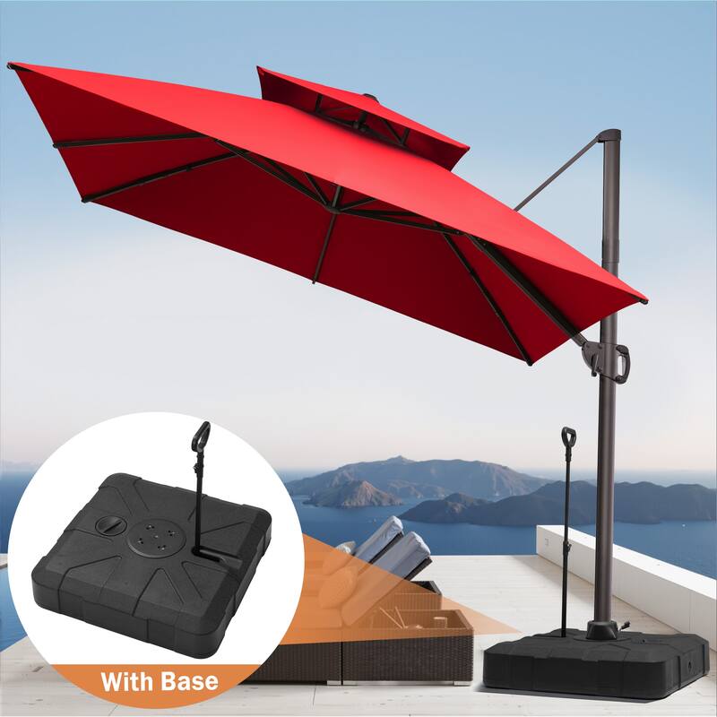 11 ft Square Patio Cantilever Offset Umbrella Double Top with Rod Base - Red