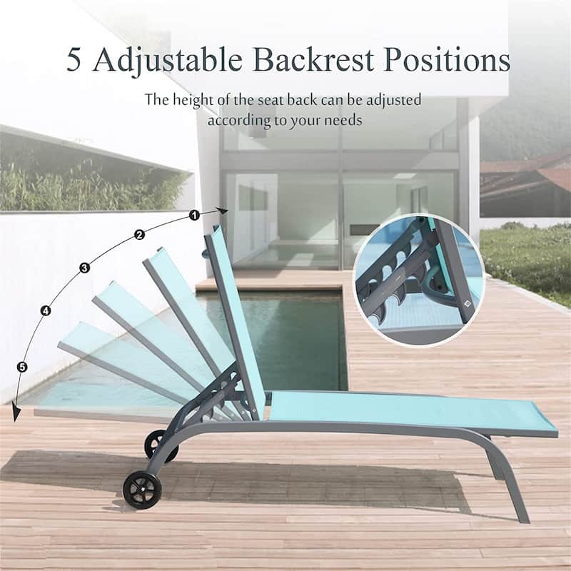 Outdoor Chaise Lounge Set of 2 Adjustable Reclining Pool Chairs with Wheels for Patio Beach or Deck