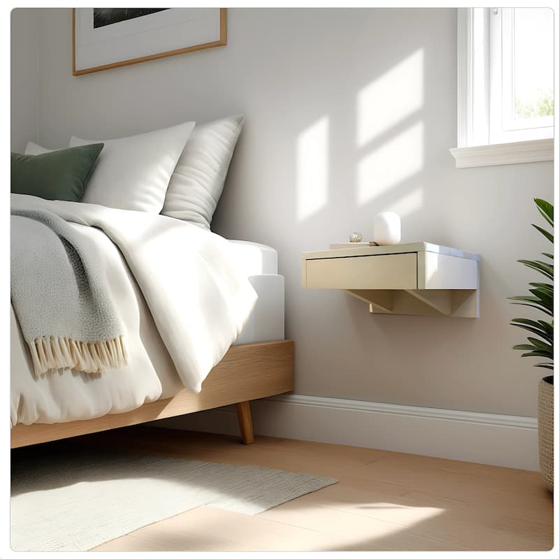 Set of 2 White Floating Nightstands with Drawer and Shelf