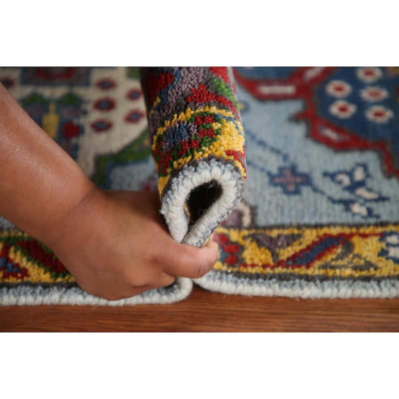 Blue Geometric Kazak Runner Rug Handmade Wool Carpet - 2'6"x 8'0"
