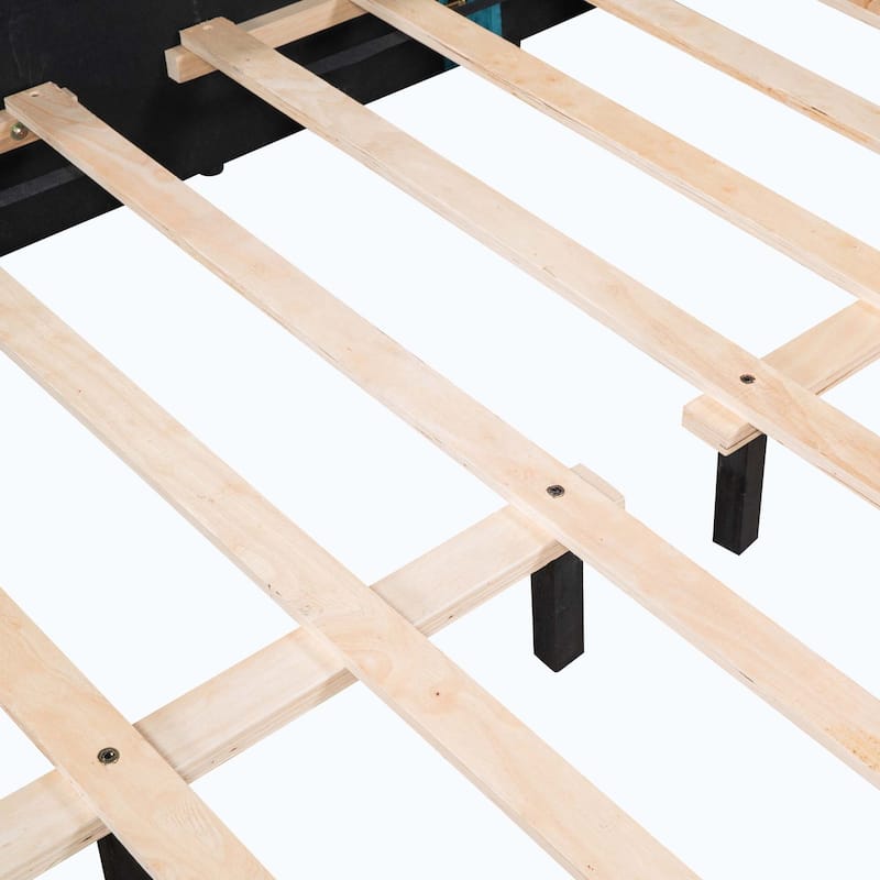 Queen Size Upholstered Platform Bed with Wingback Headboard and 1 Big Drawer,2 Side Storage Stool