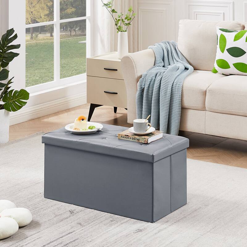 VECELO Folding Storage Ottoman, Bedroom Storage Bench, Versatile Footrest Footstool Tufted Faux Leather Chest for Living Room