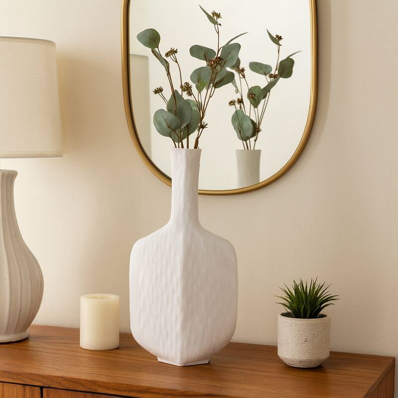 Resin Geometric Vase Textured Square Base For Home Decor - 15" White - White - 7.75" x 5" x 14.75"
