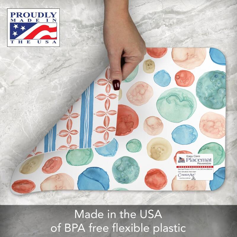 Color Patterns 4 Pack Reversible Easy Care Flexible Plastic Placemats Made in The USA BPA Free Easily Wipes Clean