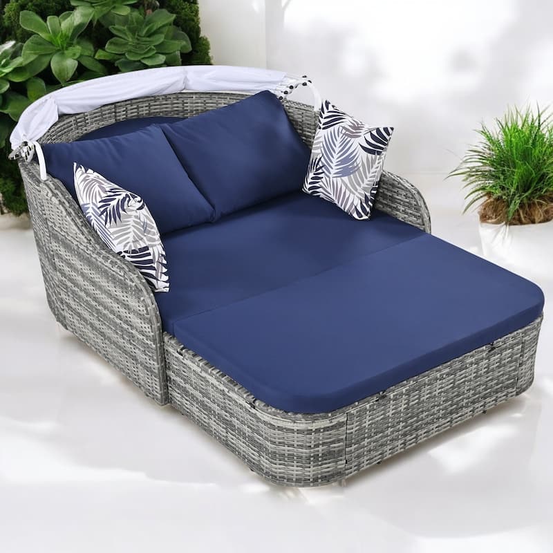 Outdoor Sunbed with Adjustable Canopy - Rattan Double Lounge Daybed 4 Pillows, and Cushions for Patio, Deck, or Garden