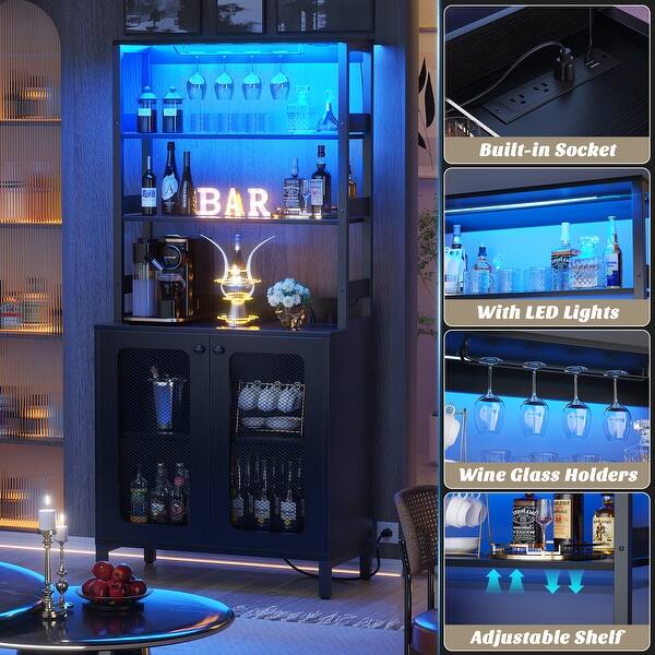 67" Tall Wine Bar Cabinet Liquor Cabinet with LED Lights ＆ Glass Holder ＆ Power Outlets,5-Tiers Corner Utensils Display Cabinet